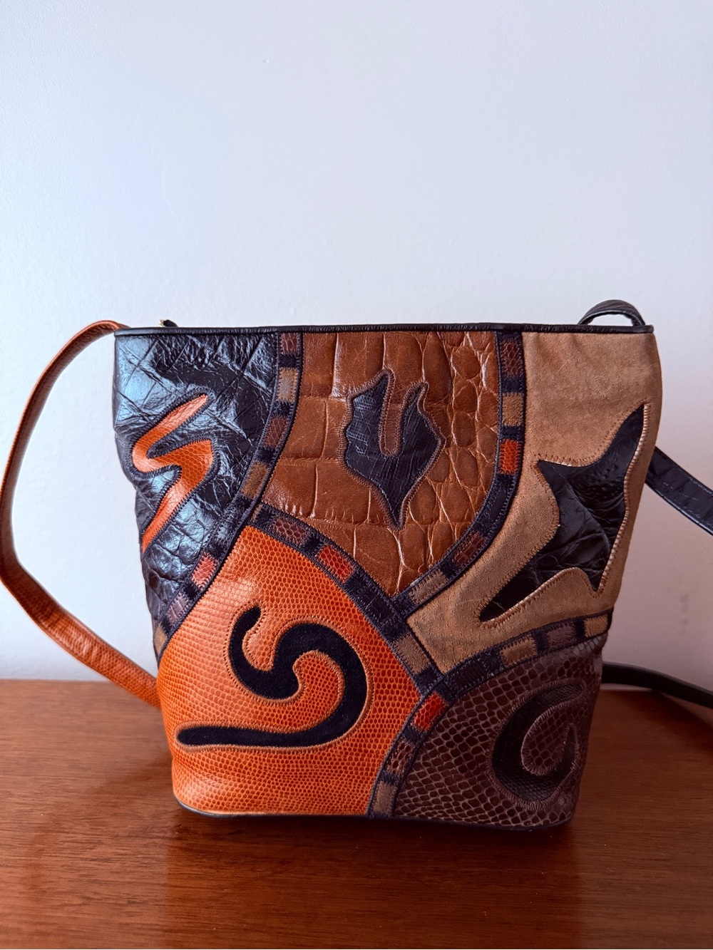 Vintage Sharif Mixed Media Patchwork Leather Crossbody Shoulder Bag Boho 80s